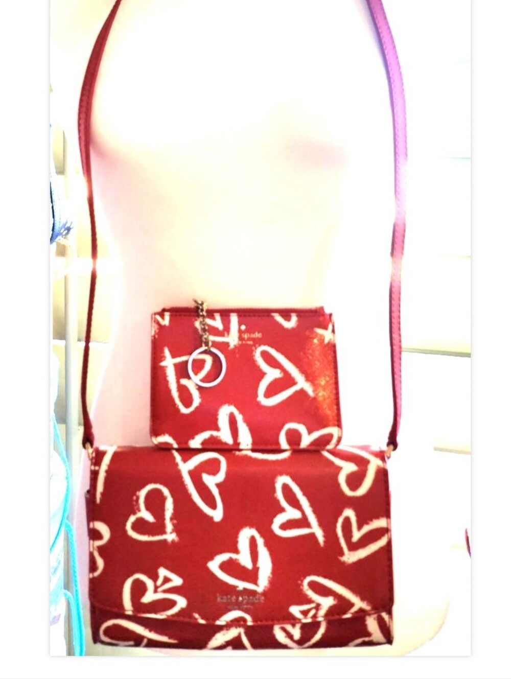 Kate Spade NWOT Heart Print Crossbody Organizer Bag & 3X5 Key/Coin/Card Wallet